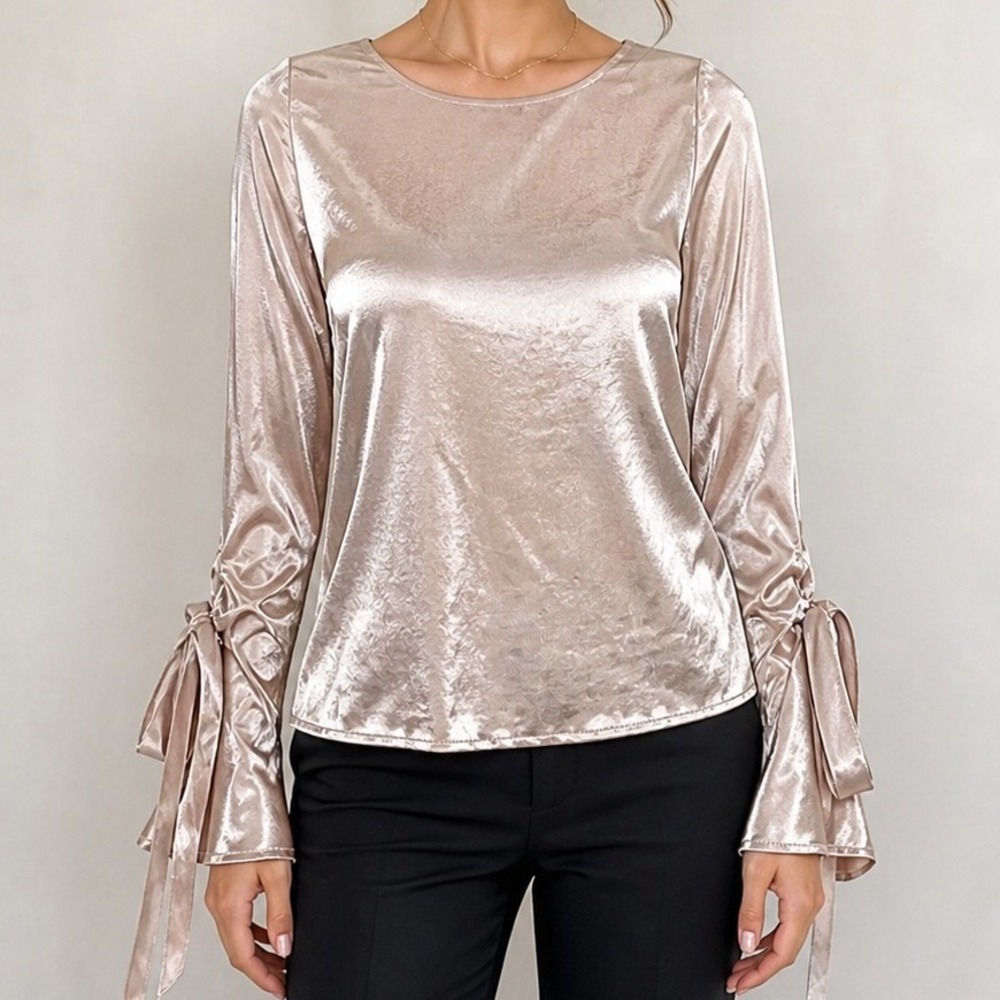 Lush Anthropologie Rose‎ Gold Metallic Satin Long Sleeve Blouse Size Large